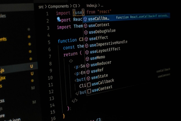 side shot of a code editor using react js