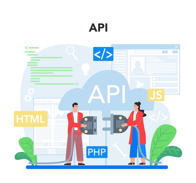 application programming interface concept set software development process website interface design improvement programming and coding it profession isolated flat vector illustration