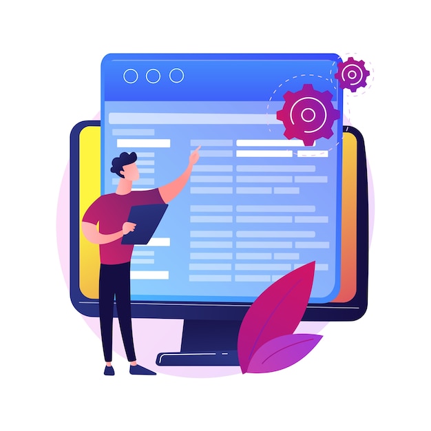 coding and website development. technical support. programming engineering. coder, web developer, computer software. programmer male flat character.  