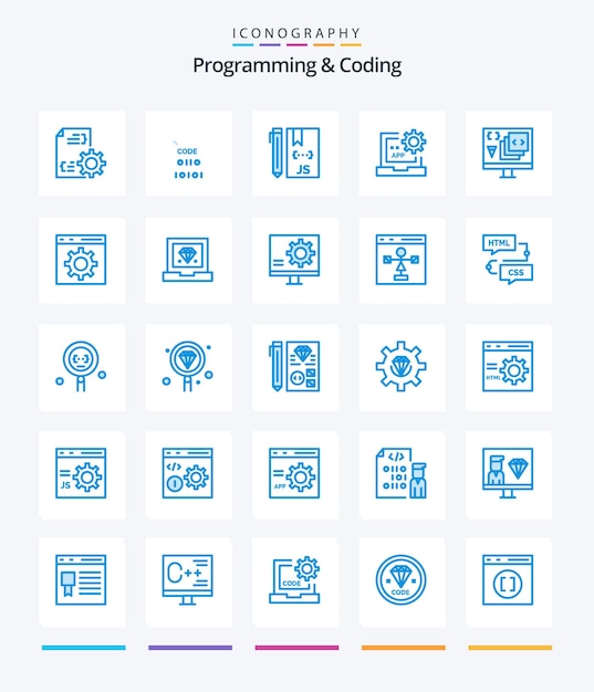 creative programming and coding 25 blue icon pack such as development coding development programming develop