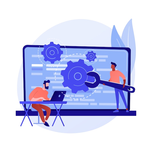 custom style script. website optimization, coding, software development. female programmer cartoon character working, adding javascript, css code.