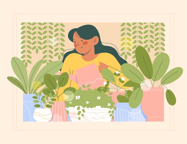 flat woman taking care of plants indoors