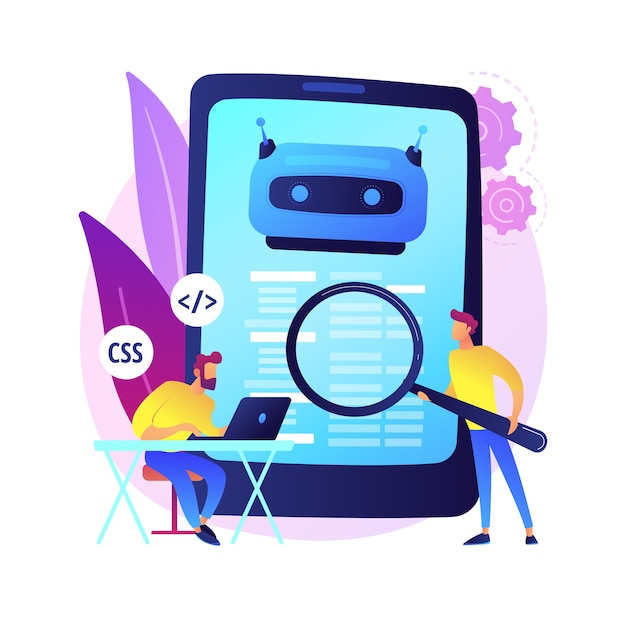 java developer. smartphone software. javascript coding, writing application, css programming. html source code tampering. mobile program. isolated concept metaphor illustration.