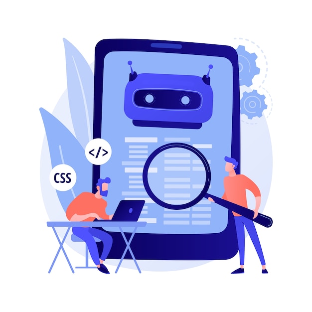java developer. smartphone software. javascript coding, writing application, css programming. html source code tampering. mobile program. vector isolated concept metaphor illustration.