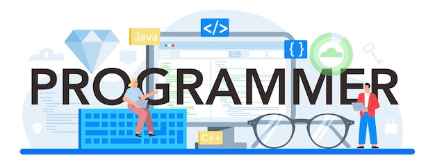 programmer typographic header idea of coding testing and writing program using internet and different software website development and optimization isolated vector illustration