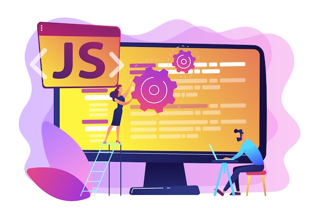 programmers using javascript programming language on computer, tiny people. javascript language, javascript engine, js web development concept. bright vibrant violet  isolated illustration