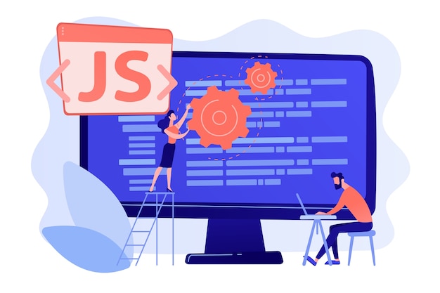 programmers using javascript programming language on computer, tiny people. javascript language, javascript engine, js web development concept