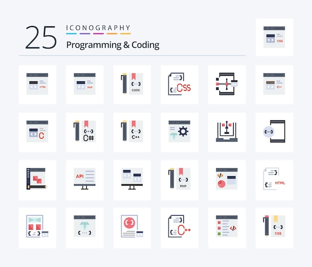 programming and coding 25 flat color icon pack including develop coding development file develop