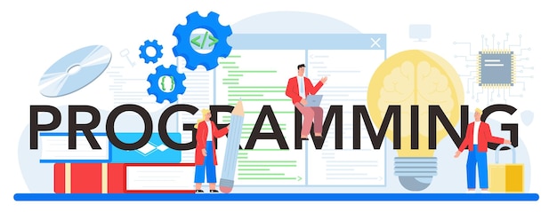 programming typographic header idea of coding testing and writing program using internet and different software website development and optimization isolated vector illustration