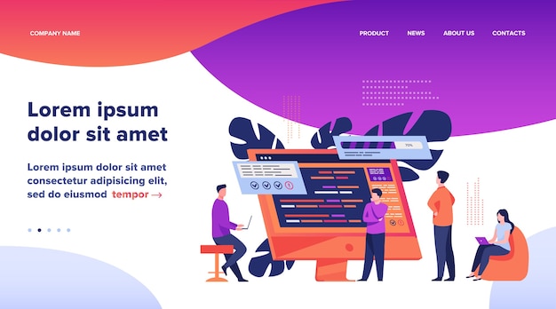 software developers coding on computer with script. coding, engineering, interface design flat vector illustration. programming concept website design or landing web page