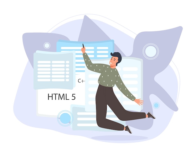 software developers working of script coding. engineer character programming in php, python, javascript, other languages
