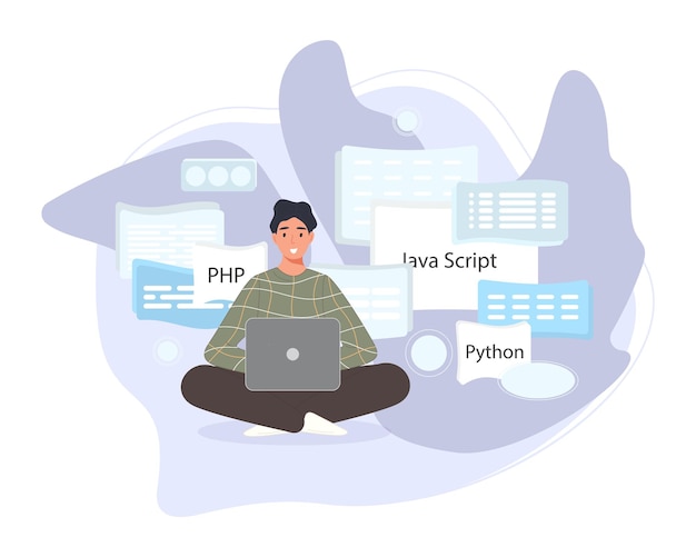 software developers working of script coding. engineer character programming in php, python, javascript, other languages