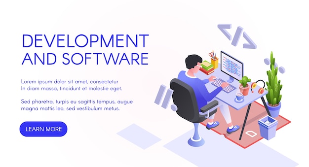 software development illustration of web developer or programmer at computer. 