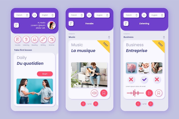 template for learning languages app interface