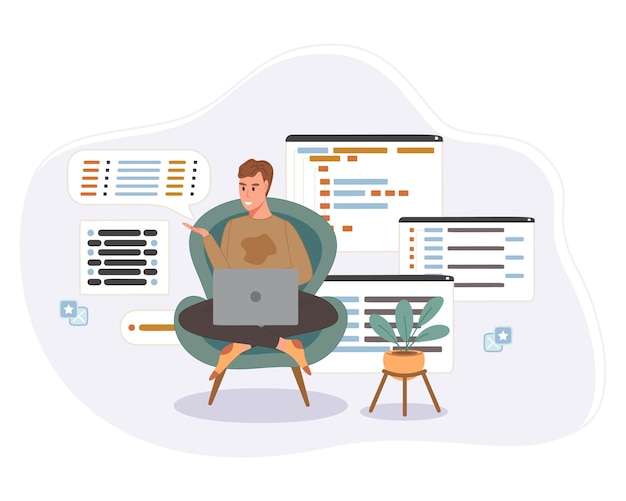 Programmerer, der arbejder på webudviklingskode. Ingeniørprogrammering i python, php og java script på computer.