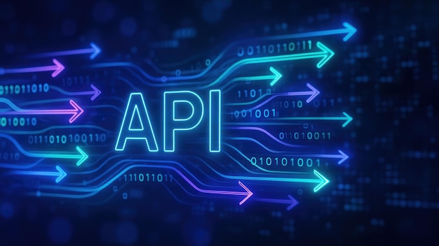 Arrows and binary code swirl around api symbolizing fast data flow the scene conveys application programming interface and rapid api programming integration