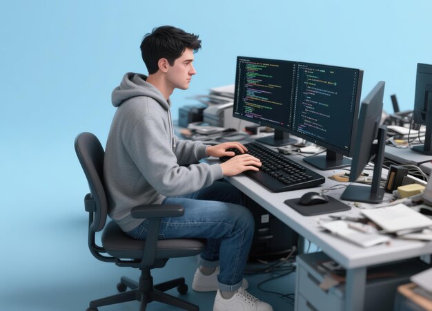 3d rendering of a programmer using a computer to write code and develop an app