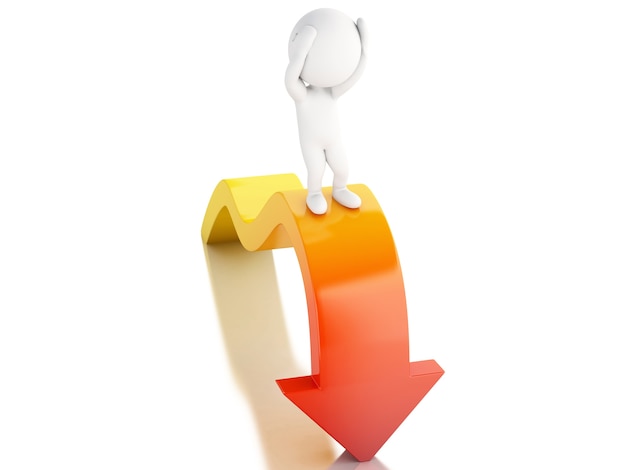 3d white people with red arrow falling. decrease concept.