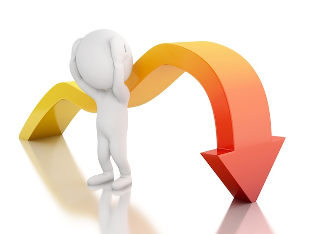3d white people with red arrow falling. decrease concept.