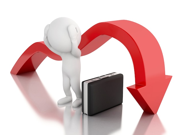 3d white people with red arrow falling. decrease concept.