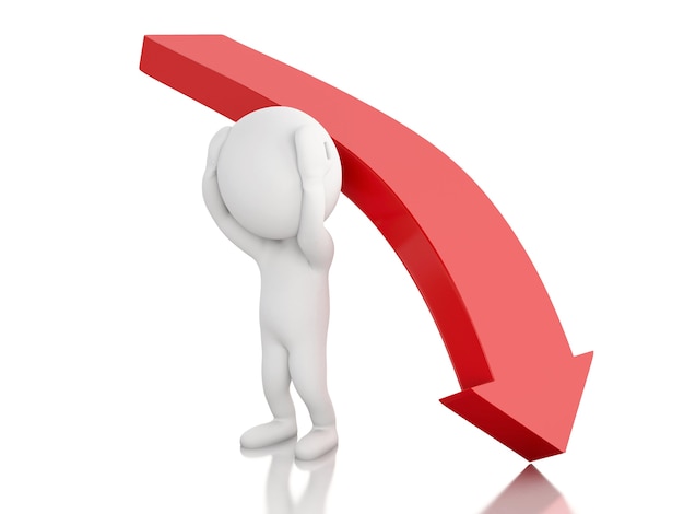 3d white people with red arrow falling. decrease concept.