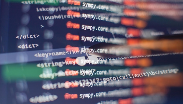abstract computer script about big data and blockchain database software developer programming code mining cryptocurrency process program on display pc using software