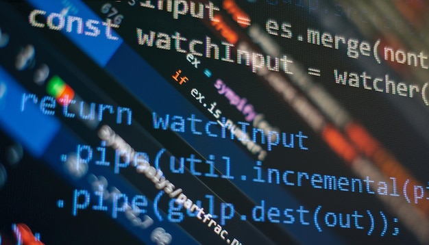 abstract computer script about big data and blockchain database software developer programming code mining cryptocurrency process program on display pc using software