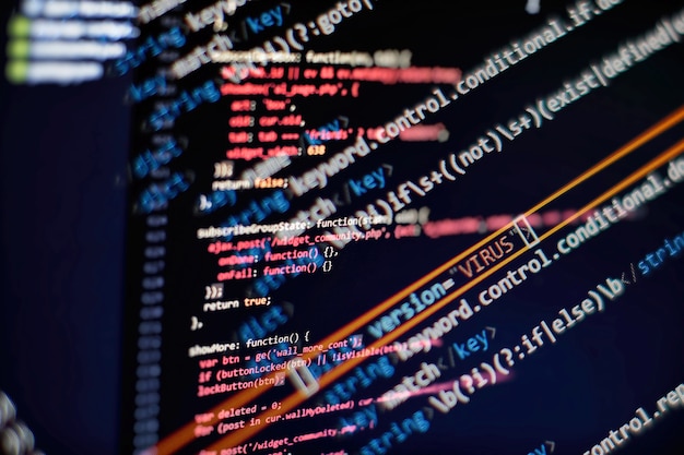 abstract computer script about big data and blockchain database. software developer programming code. mining cryptocurrency process program on display pc. using software.