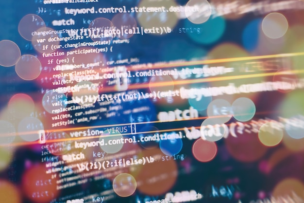 abstract computer script about big data and blockchain database. software developer programming code. mining cryptocurrency process program on display pc. using software.