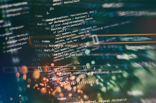 abstract computer script about big data and blockchain database. software developer programming code. mining cryptocurrency process program on display pc. using software.