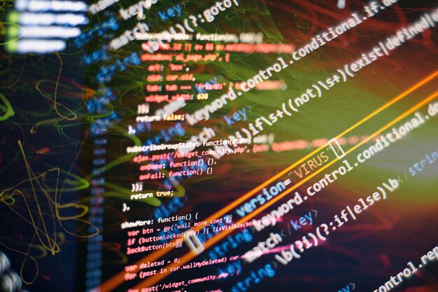 abstract computer script about big data and blockchain database. software developer programming code. mining cryptocurrency process program on display pc. using software.