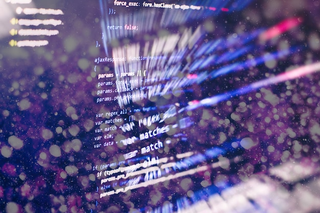 abstract computer script about big data and blockchain database. software developer programming code. mining cryptocurrency process program on display pc. using software.
