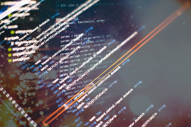 abstract computer script about big data and blockchain database. software developer programming code. mining cryptocurrency process program on display pc. using software.