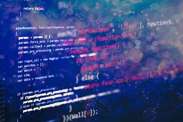 abstract computer script about big data and blockchain database. software developer programming code. mining cryptocurrency process program on display pc. using software.