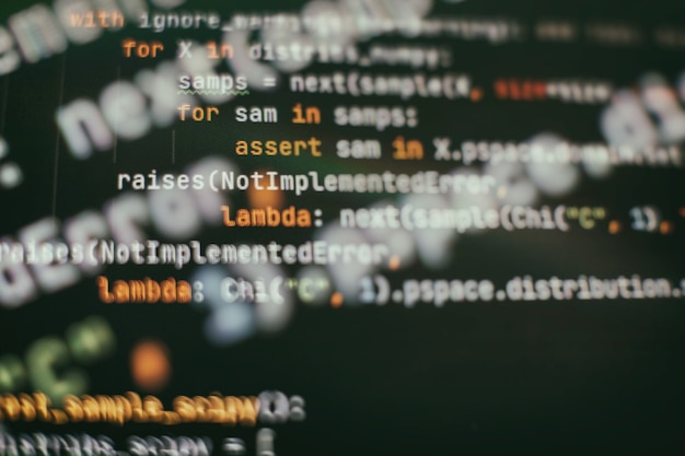 abstract computer script code. programming code screen of software developer. software programming work time. code text written and created entirely by myself.