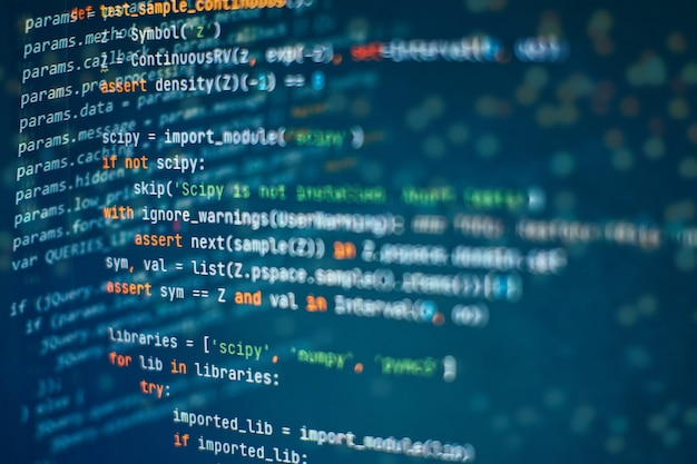 abstract computer script code. programming code screen of software developer. software programming work time. code text written and created entirely by myself.