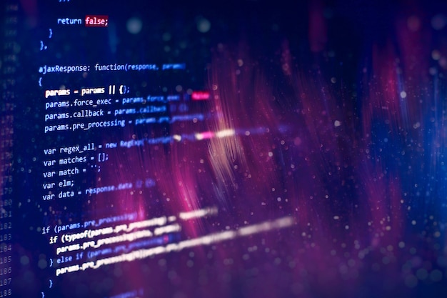 abstract computer script code. programming code screen of software developer. software programming work time. code text written and created entirely by myself.