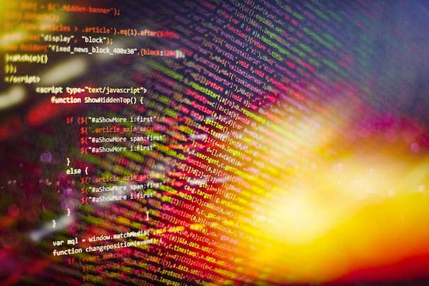 abstract computer script code. programming code screen of software developer. software programming work time. code text written and created entirely by myself.
