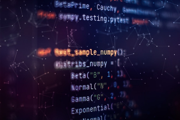 abstract computer script code. programming code screen of software developer. software programming work time. code text written and created entirely by myself.