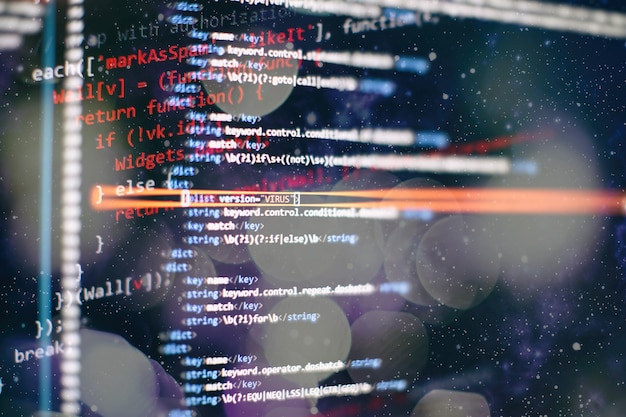 抽象コンピュータスクリプトコード。ソフトウェア開発者のプログラミングコード画面。ソフトウェアプログラミングの作業時間。