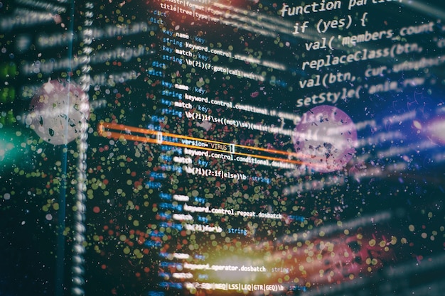 abstract computer script code. programming code screen of software developer. software programming work time.