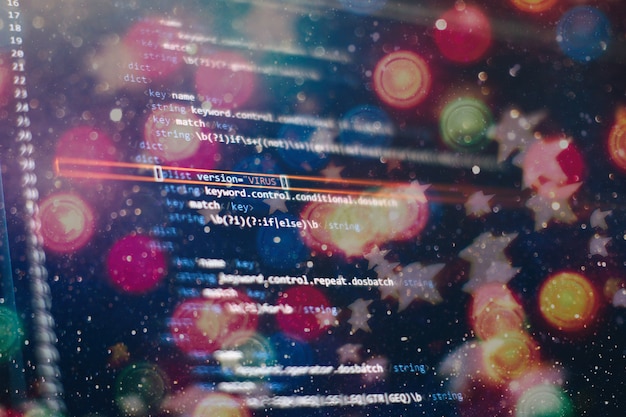abstract computer script code. programming code screen of software developer. software programming work time.