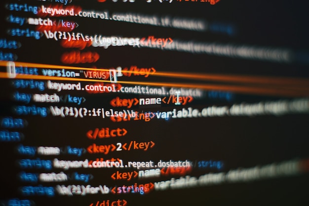 abstract computer script code. programming code screen of software developer. software programming work time.