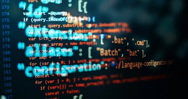 abstract computer script code. programming code screen of software developer. software programming work time.