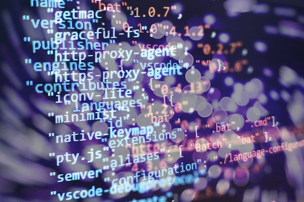 abstract computer script code. programming code screen of software developer. software programming work time.