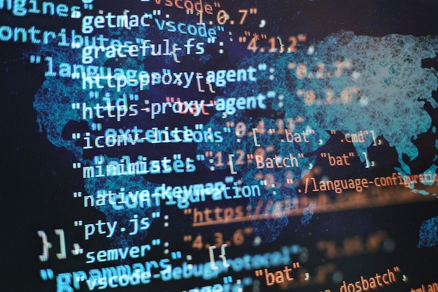 abstract computer script code. programming code screen of software developer. software programming work time.