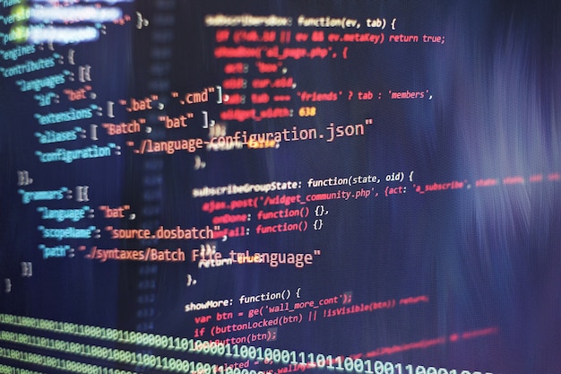 abstract computer script code. programming code screen of software developer. software programming work time.