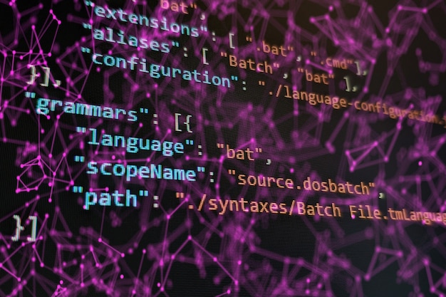 abstract computer script code. programming code screen of software developer. software programming work time.