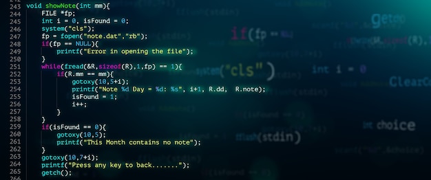 abstract modern tech of programming code screen developer. c programming language of computer script and technology background of software.