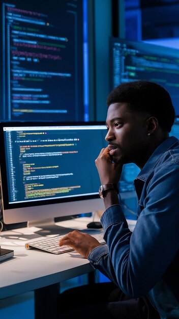 african american coder programming binary code interface using css html script and encryption on c